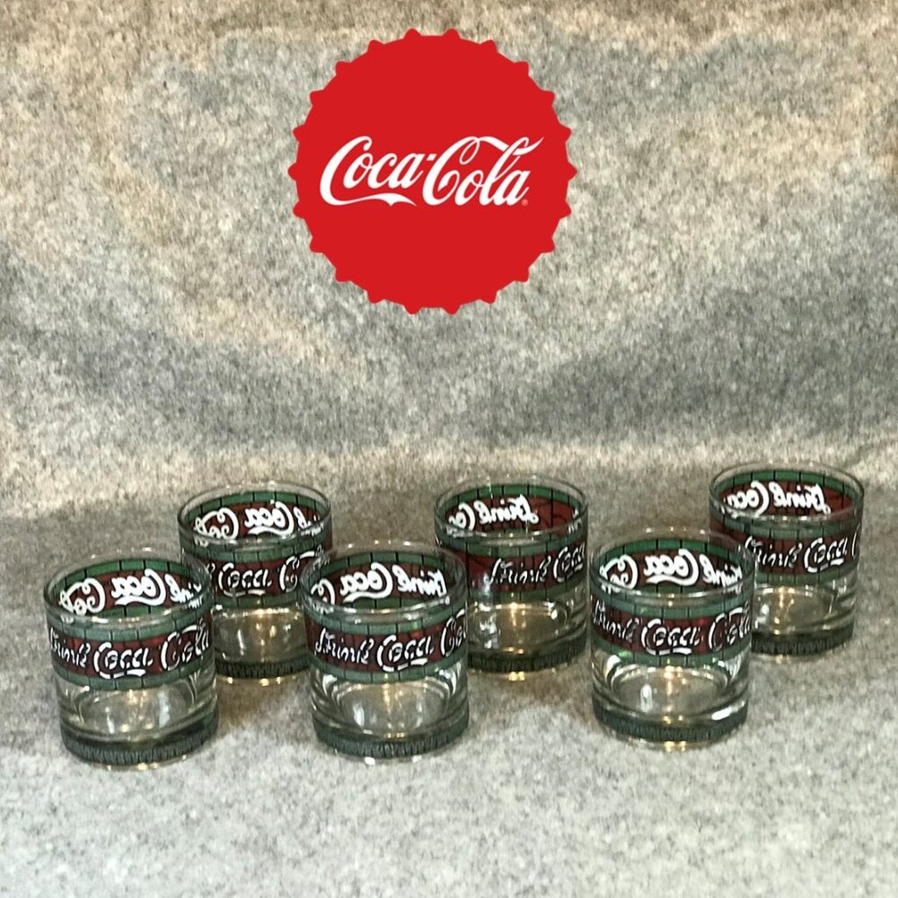 6 Coca Cola Glasses Vintage Tiffany Style Stained "Drink Coca Cola" Glass